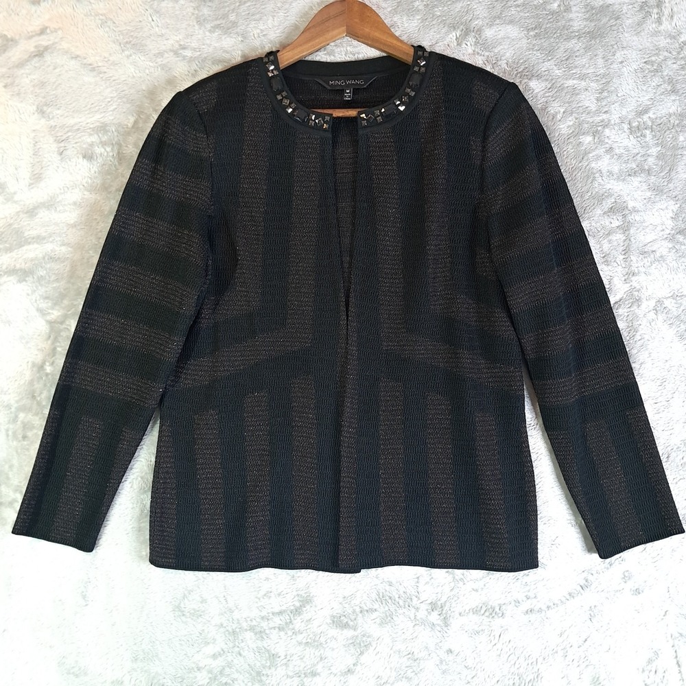 Ming Wang Open Front Knit Cardigan Black Gold Metallic Thread Size M Studs